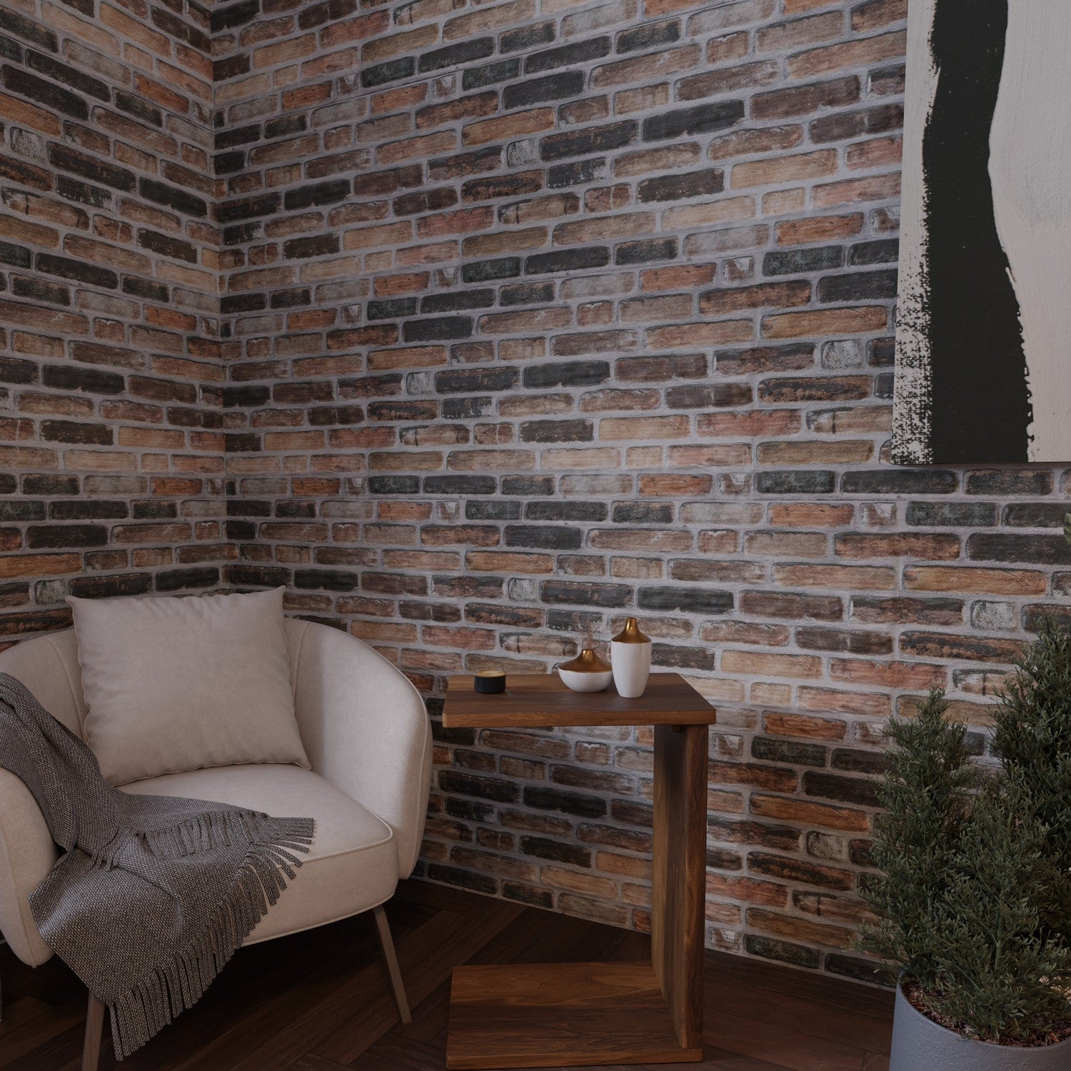 Modern interior corner with Earthcore 3D Faux Brick Wall Panel behind a white armchair and wooden coffee table.