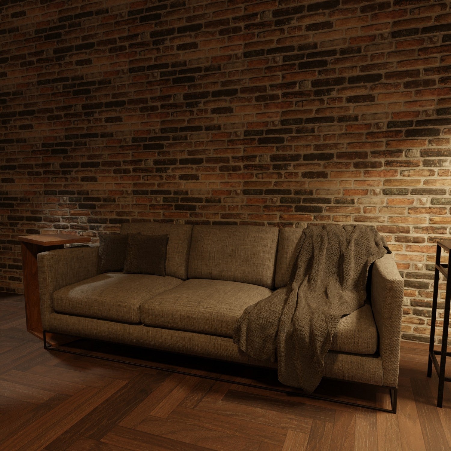 Earthcore 3D faux brick wall panel featuring a rustic multi-tonal design behind a modern sofa with cozy lighting.
