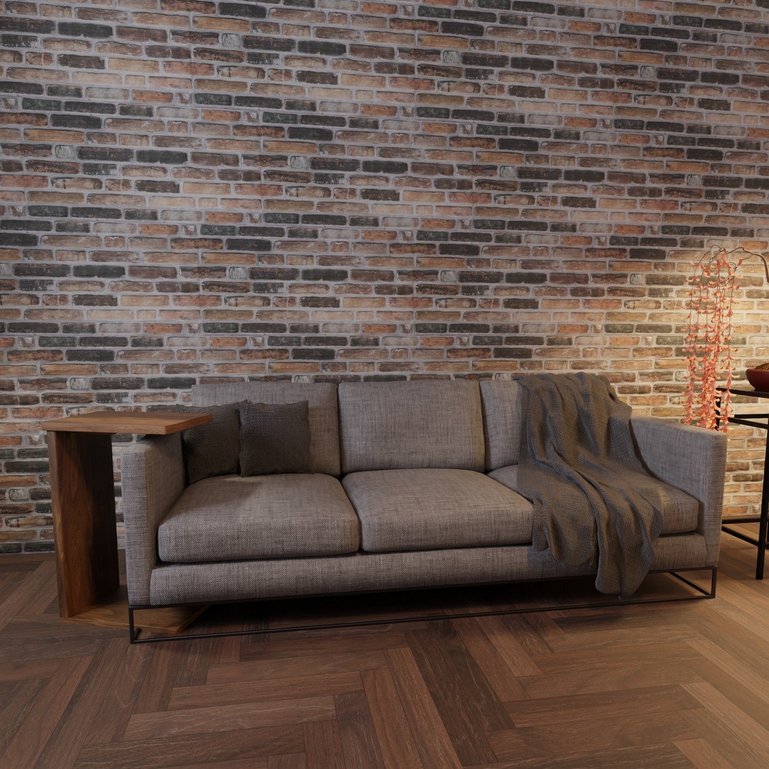 Earthcore 3D faux brick wall panel featuring a rustic multi-tonal design behind a modern sofa with cozy lighting.