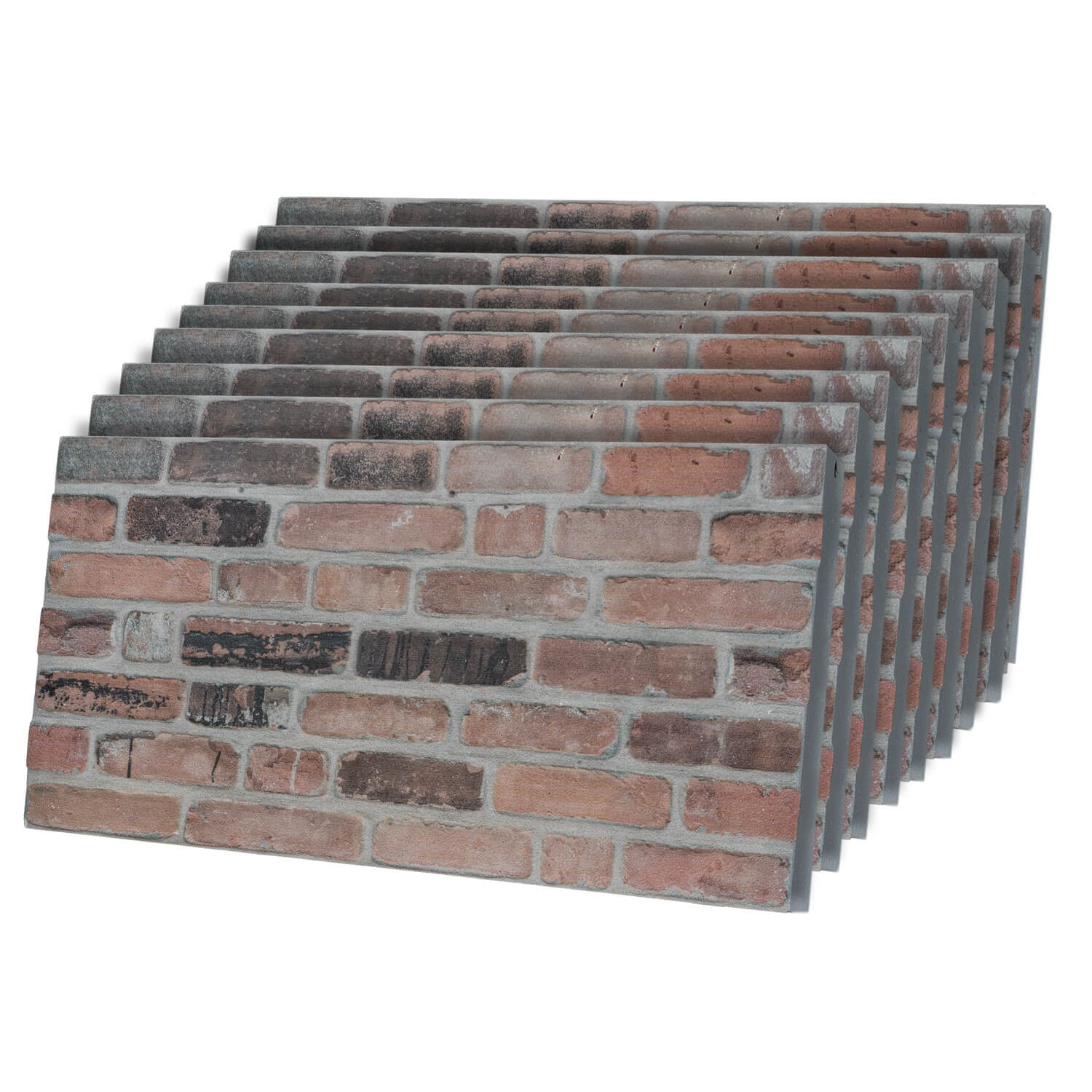 Stack of Earthcore 3D faux brick wall panels featuring multi-tonal grey and brown rustic textures for DIY home decor.