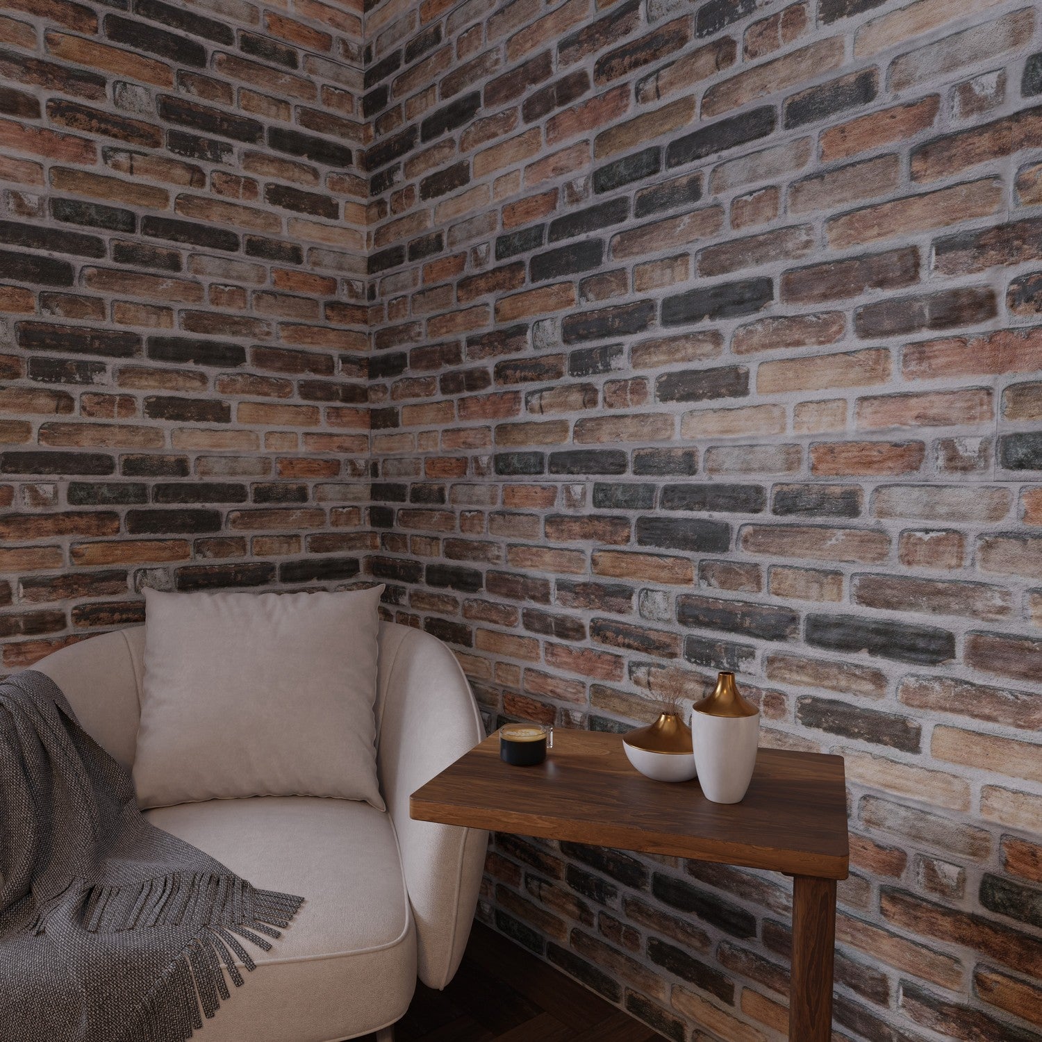 Earthcore 3D faux brick wall panel used in a cozy living room corner with a white armchair and wooden side table.